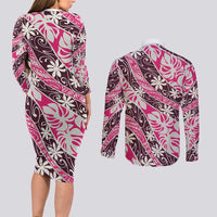 Tarona Tahiti Tiare Monstera Couples Matching Long Sleeve Bodycon Dress and Long Sleeve Button Shirt Polynesian Pattern Curve Style LT01 - Polynesian Pride