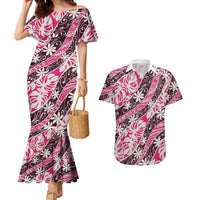 Tarona Tahiti Tiare Monstera Couples Matching Mermaid Dress and Hawaiian Shirt Polynesian Pattern Curve Style LT01 Pink - Polynesian Pride