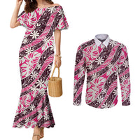 Tarona Tahiti Tiare Monstera Couples Matching Mermaid Dress and Long Sleeve Button Shirt Polynesian Pattern Curve Style - Polynesian Pride
