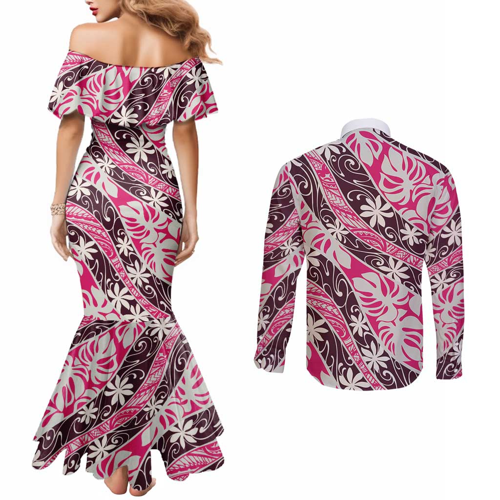Tarona Tahiti Tiare Monstera Couples Matching Mermaid Dress and Long Sleeve Button Shirt Polynesian Pattern Curve Style - Polynesian Pride