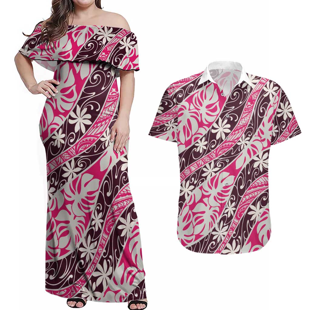 Tarona Tahiti Tiare Monstera Couples Matching Off Shoulder Maxi Dress and Hawaiian Shirt Polynesian Pattern Curve Style LT01 Pink - Polynesian Pride