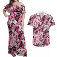 Tarona Tahiti Tiare Monstera Couples Matching Off Shoulder Maxi Dress and Hawaiian Shirt Polynesian Pattern Curve Style LT01 Pink - Polynesian Pride