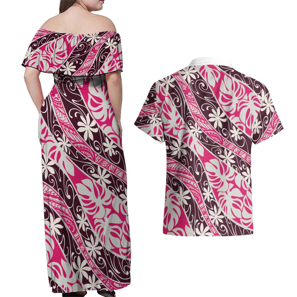 Tarona Tahiti Tiare Monstera Couples Matching Off Shoulder Maxi Dress and Hawaiian Shirt Polynesian Pattern Curve Style LT01 - Polynesian Pride