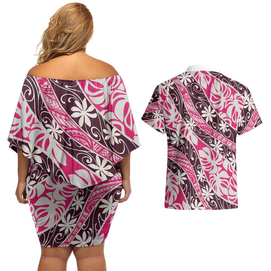 Tarona Tahiti Tiare Monstera Couples Matching Off Shoulder Short Dress and Hawaiian Shirt Polynesian Pattern Curve Style LT01 - Polynesian Pride