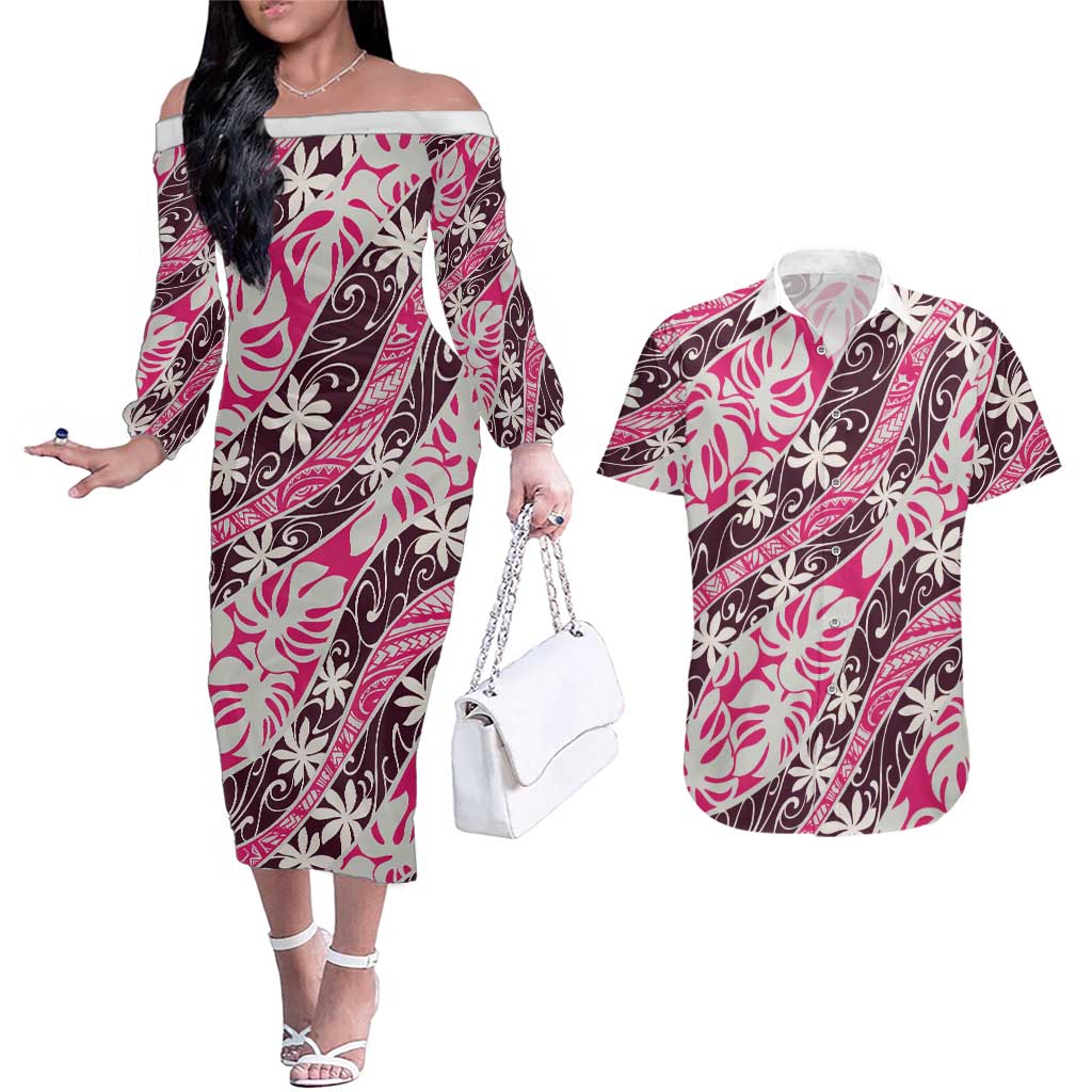 Tarona Tahiti Tiare Monstera Couples Matching Off The Shoulder Long Sleeve Dress and Hawaiian Shirt Polynesian Pattern Curve Style LT01 Pink - Polynesian Pride