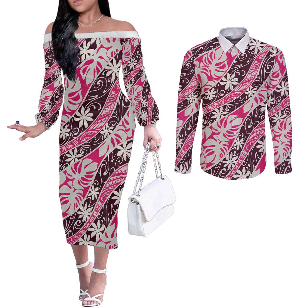 Tarona Tahiti Tiare Monstera Couples Matching Off The Shoulder Long Sleeve Dress and Long Sleeve Button Shirt Polynesian Pattern Curve Style LT01 Pink - Polynesian Pride
