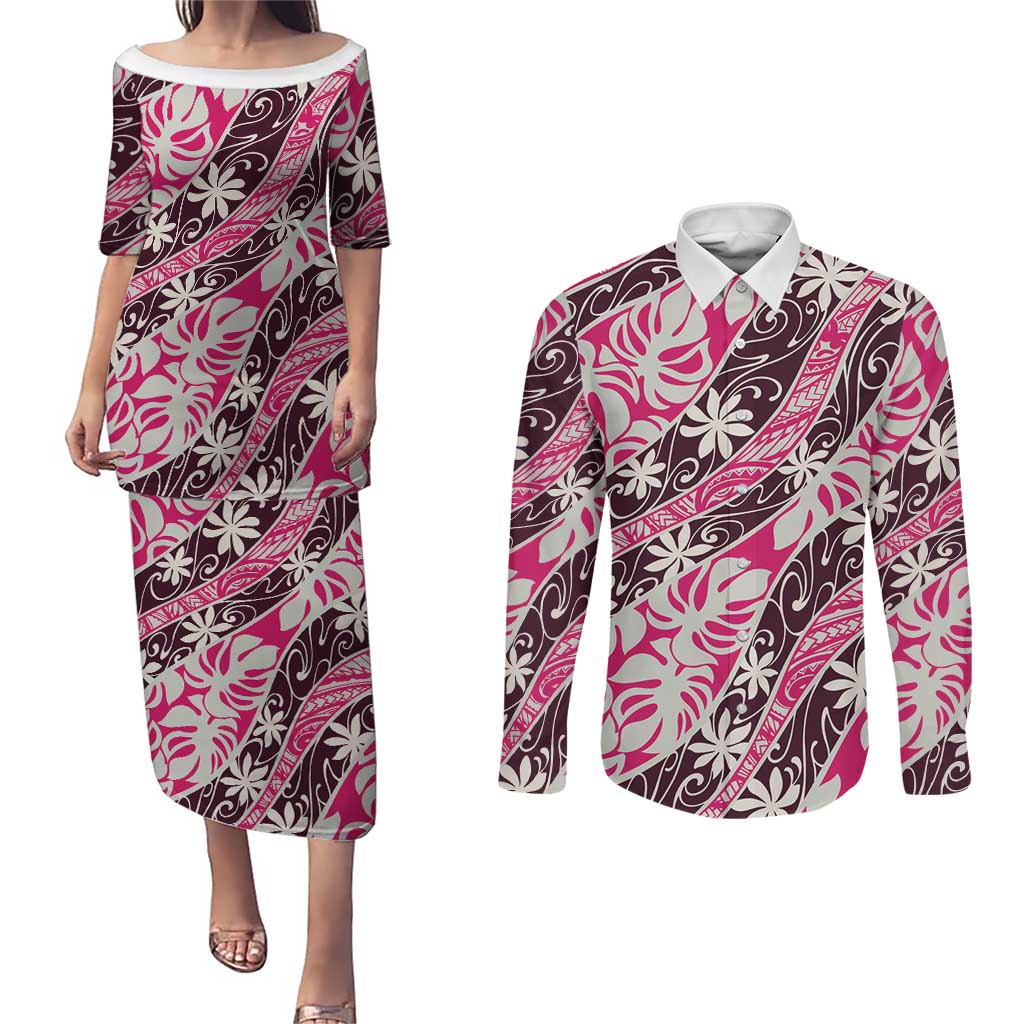 Tarona Tahiti Tiare Monstera Couples Matching Puletasi and Long Sleeve Button Shirt Polynesian Pattern Curve Style - Polynesian Pride