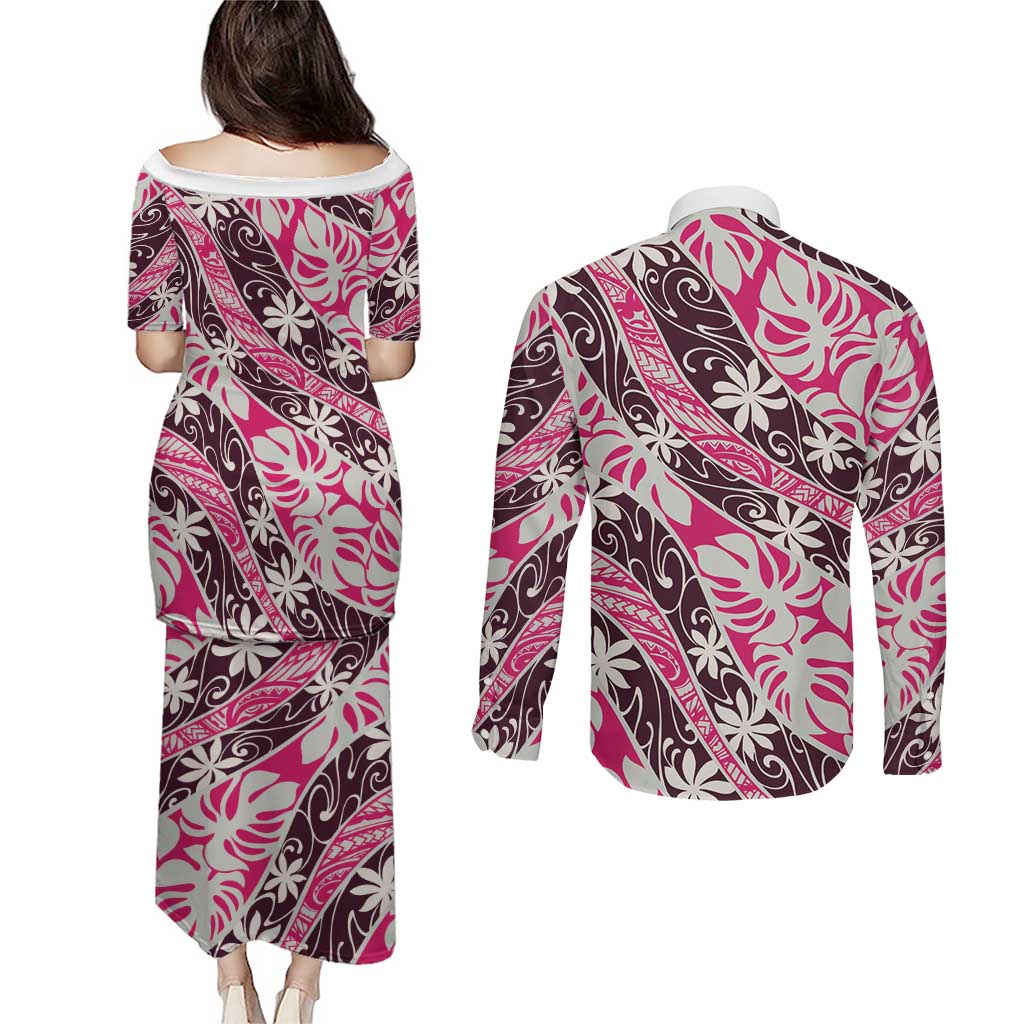 Tarona Tahiti Tiare Monstera Couples Matching Puletasi and Long Sleeve Button Shirt Polynesian Pattern Curve Style - Polynesian Pride