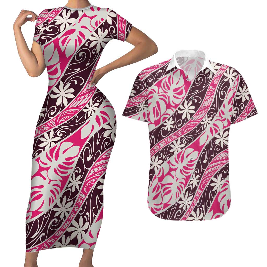 Tarona Tahiti Tiare Monstera Couples Matching Short Sleeve Bodycon Dress and Hawaiian Shirt Polynesian Pattern Curve Style LT01 Pink - Polynesian Pride