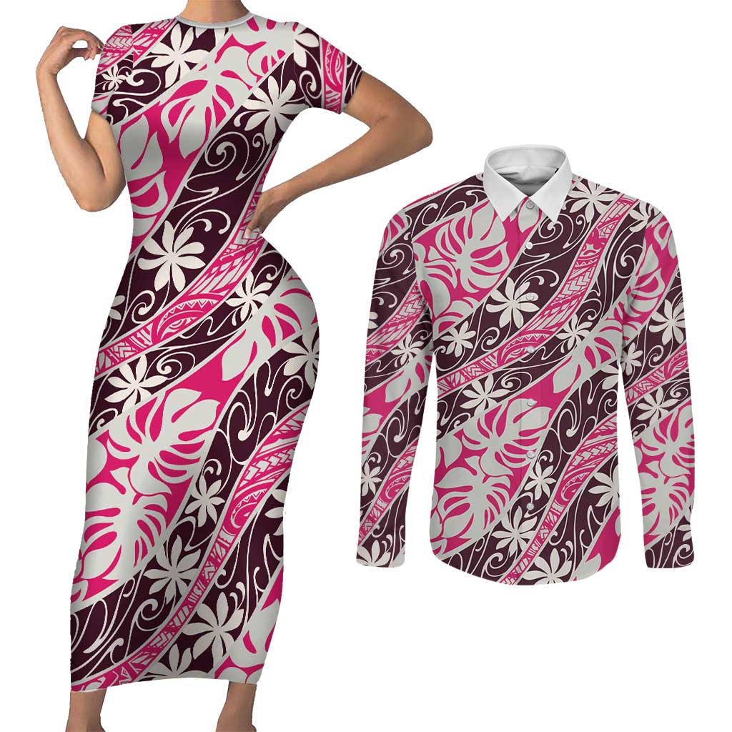 Tarona Tahiti Tiare Monstera Couples Matching Short Sleeve Bodycon Dress and Long Sleeve Button Shirt Polynesian Pattern Curve Style - Polynesian Pride