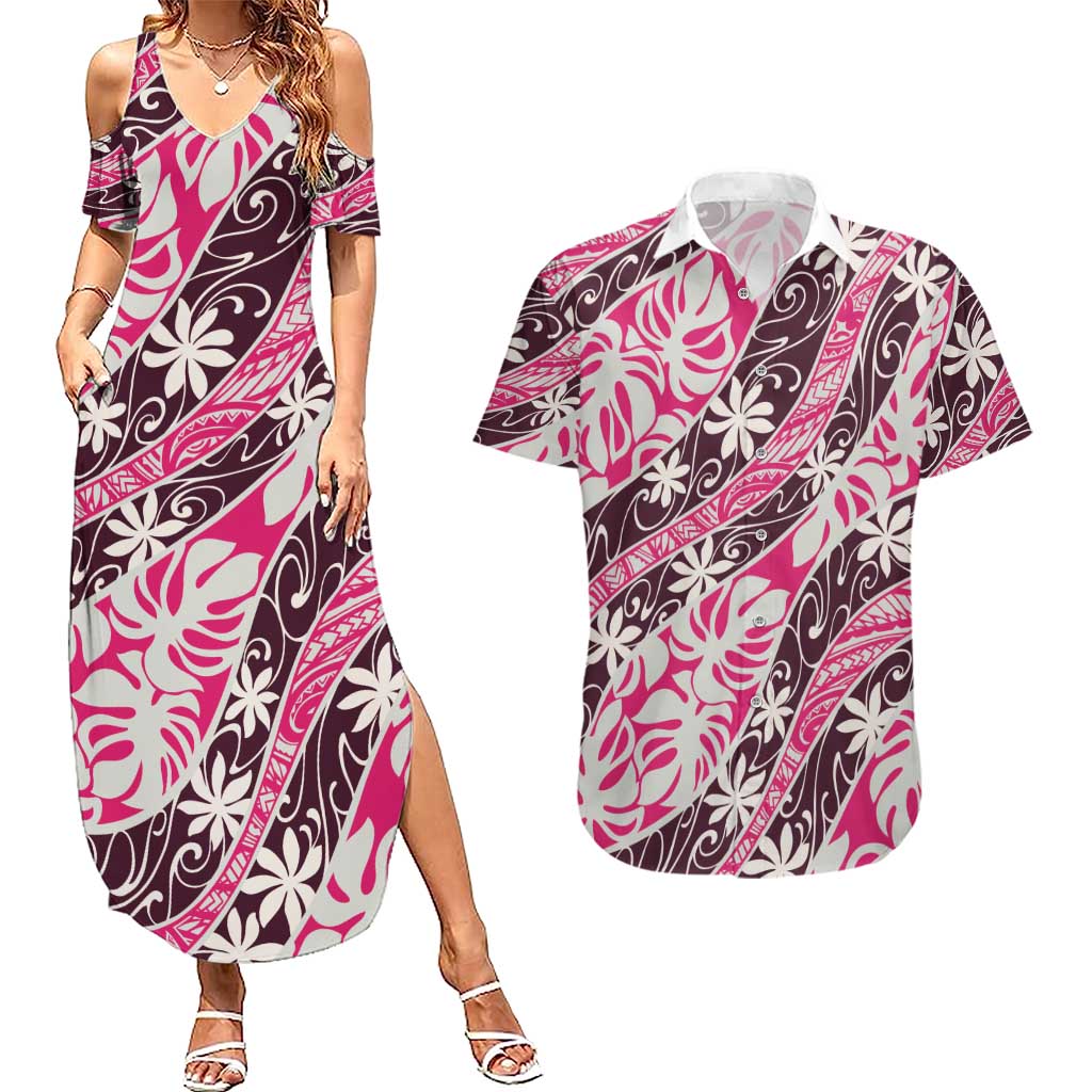 Tarona Tahiti Tiare Monstera Couples Matching Summer Maxi Dress and Hawaiian Shirt Polynesian Pattern Curve Style - Polynesian Pride