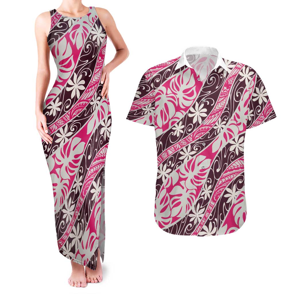 Tarona Tahiti Tiare Monstera Couples Matching Tank Maxi Dress and Hawaiian Shirt Polynesian Pattern Curve Style LT01 Pink - Polynesian Pride