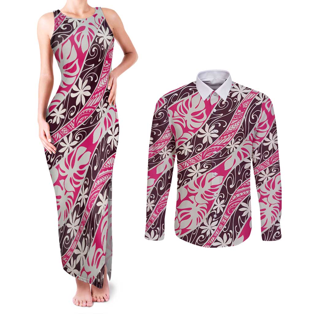 Tarona Tahiti Tiare Monstera Couples Matching Tank Maxi Dress and Long Sleeve Button Shirt Polynesian Pattern Curve Style - Polynesian Pride