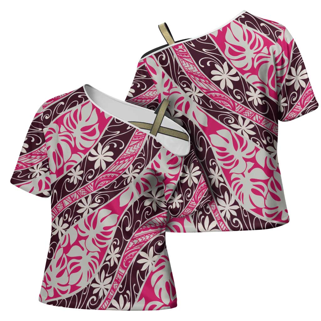 Tarona Tahiti Tiare Monstera Cross Shoulder Shirt Polynesian Pattern Curve Style - Polynesian Pride