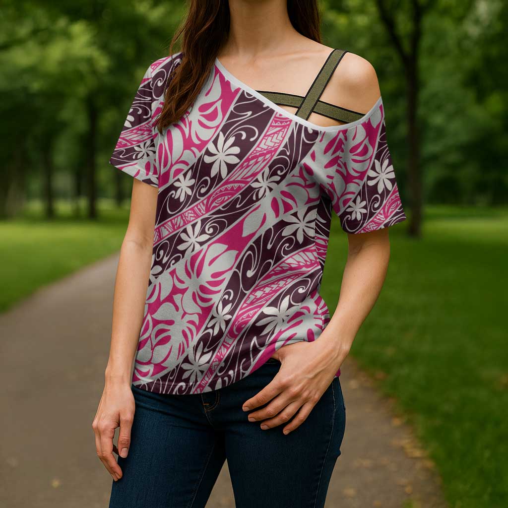 Tarona Tahiti Tiare Monstera Cross Shoulder Shirt Polynesian Pattern Curve Style - Polynesian Pride