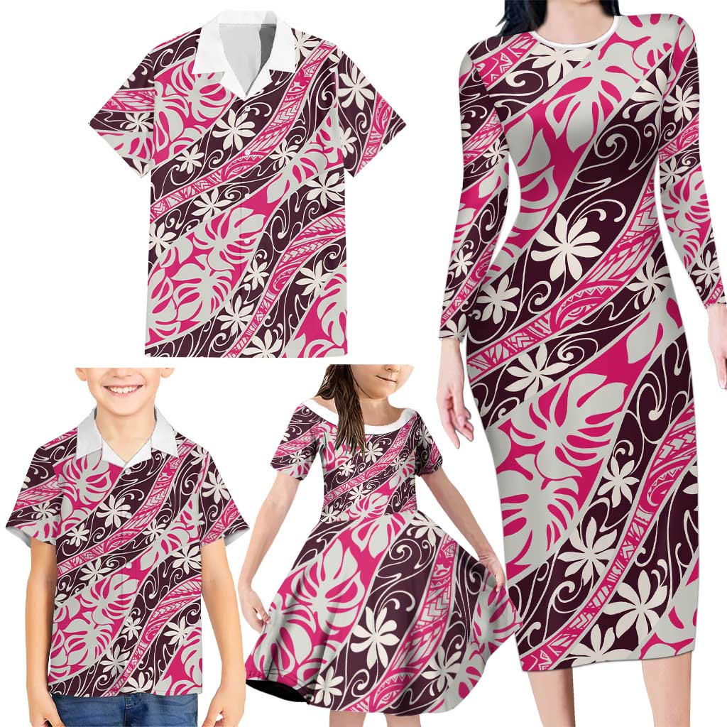 Tarona Tahiti Tiare Monstera Family Matching Long Sleeve Bodycon Dress and Hawaiian Shirt Polynesian Pattern Curve Style LT01 - Polynesian Pride