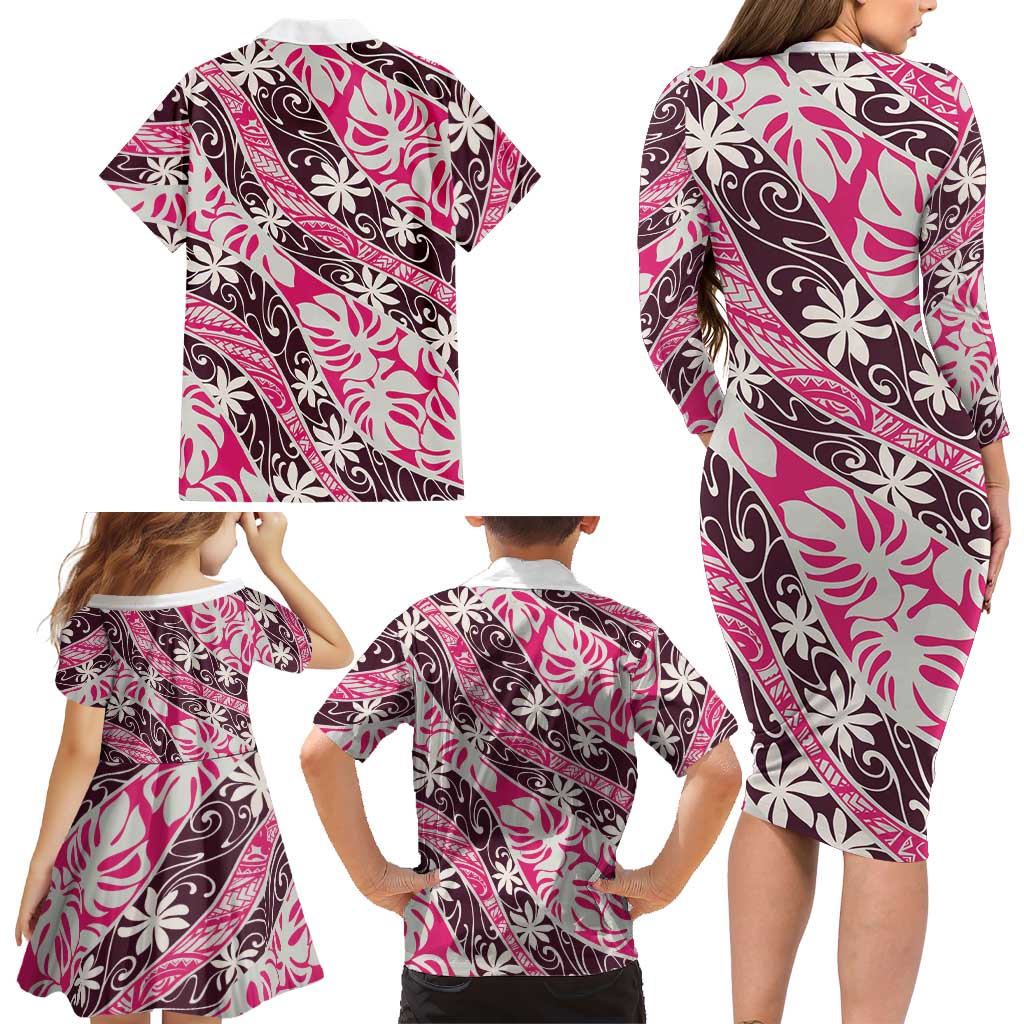 Tarona Tahiti Tiare Monstera Family Matching Long Sleeve Bodycon Dress and Hawaiian Shirt Polynesian Pattern Curve Style LT01 - Polynesian Pride