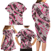 Tarona Tahiti Tiare Monstera Family Matching Long Sleeve Bodycon Dress and Hawaiian Shirt Polynesian Pattern Curve Style LT01 - Polynesian Pride