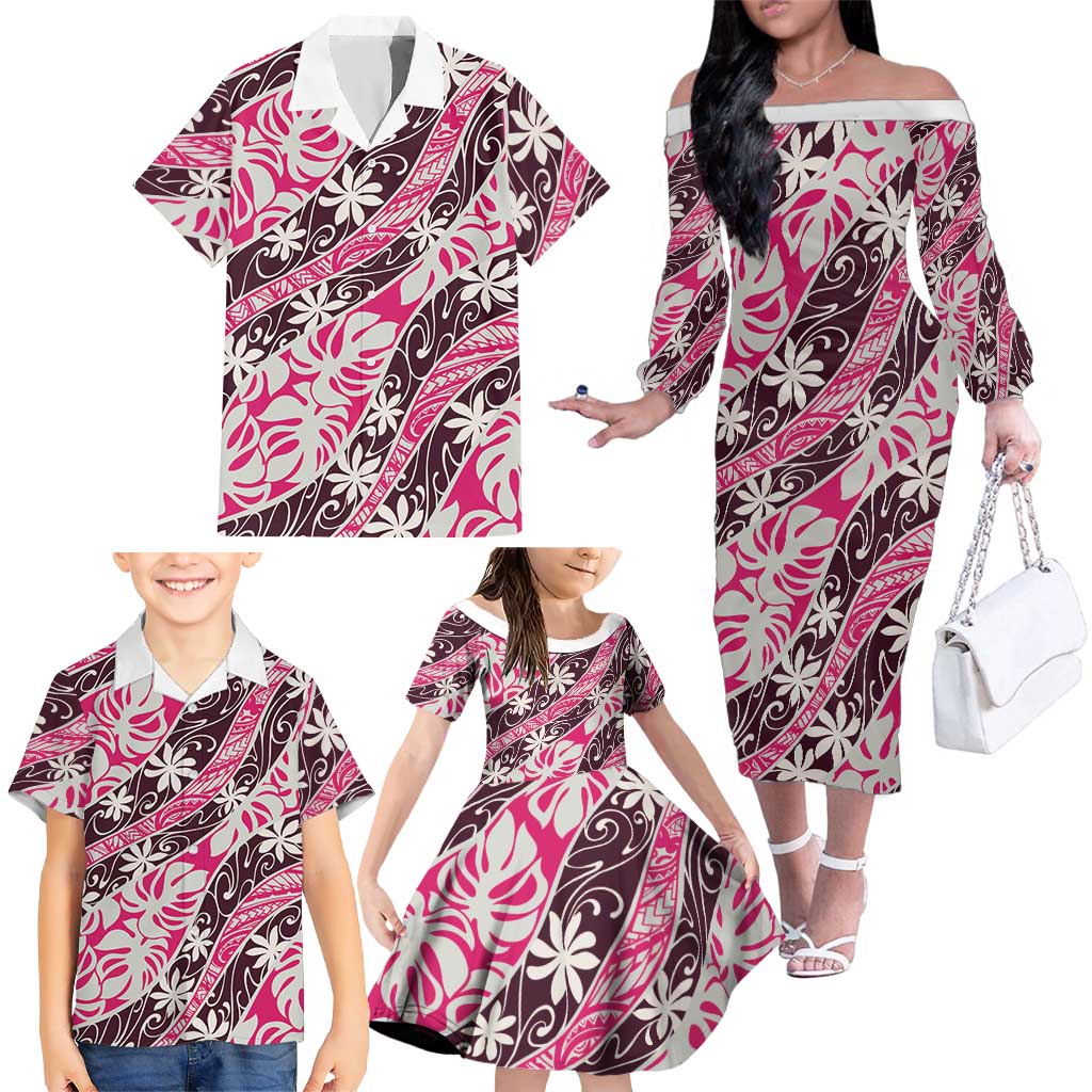 Tarona Tahiti Tiare Monstera Family Matching Off The Shoulder Long Sleeve Dress and Hawaiian Shirt Polynesian Pattern Curve Style - Polynesian Pride