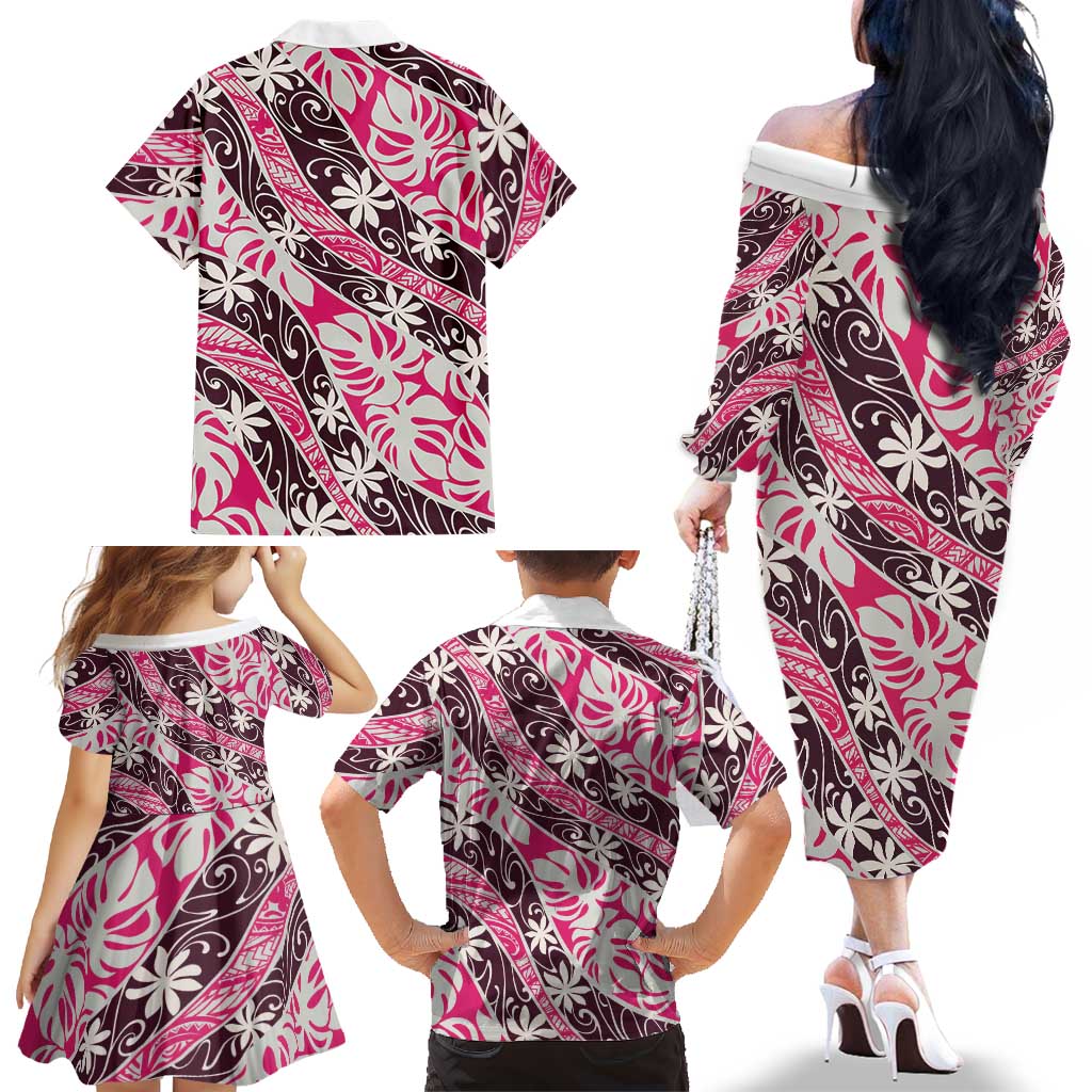Tarona Tahiti Tiare Monstera Family Matching Off The Shoulder Long Sleeve Dress and Hawaiian Shirt Polynesian Pattern Curve Style LT01 - Polynesian Pride