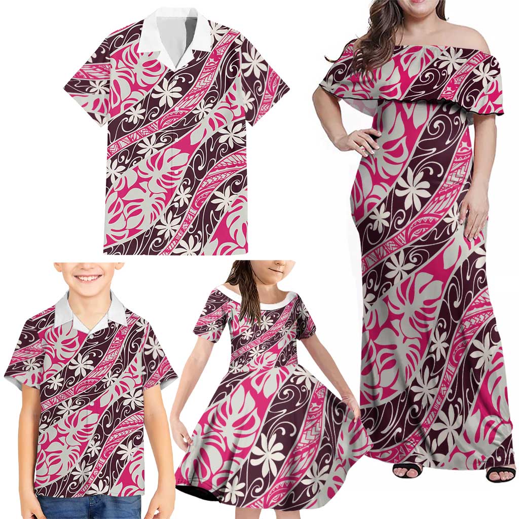 Tarona Tahiti Tiare Monstera Family Matching Off Shoulder Maxi Dress and Hawaiian Shirt Polynesian Pattern Curve Style LT01 - Polynesian Pride