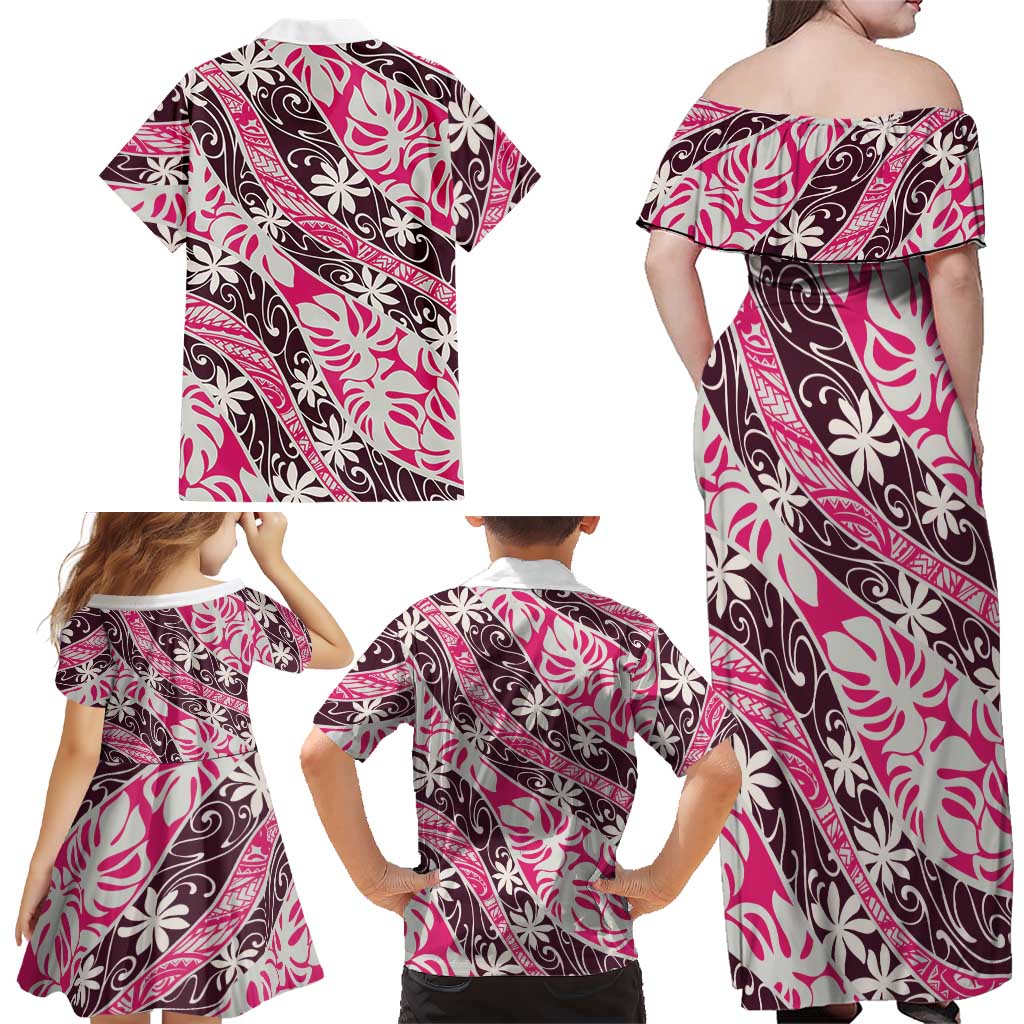 Tarona Tahiti Tiare Monstera Family Matching Off Shoulder Maxi Dress and Hawaiian Shirt Polynesian Pattern Curve Style LT01 - Polynesian Pride