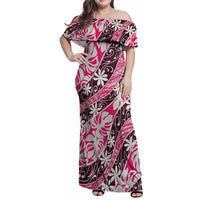 Tarona Tahiti Tiare Monstera Family Matching Off Shoulder Maxi Dress and Hawaiian Shirt Polynesian Pattern Curve Style LT01 Mom's Dress Pink - Polynesian Pride