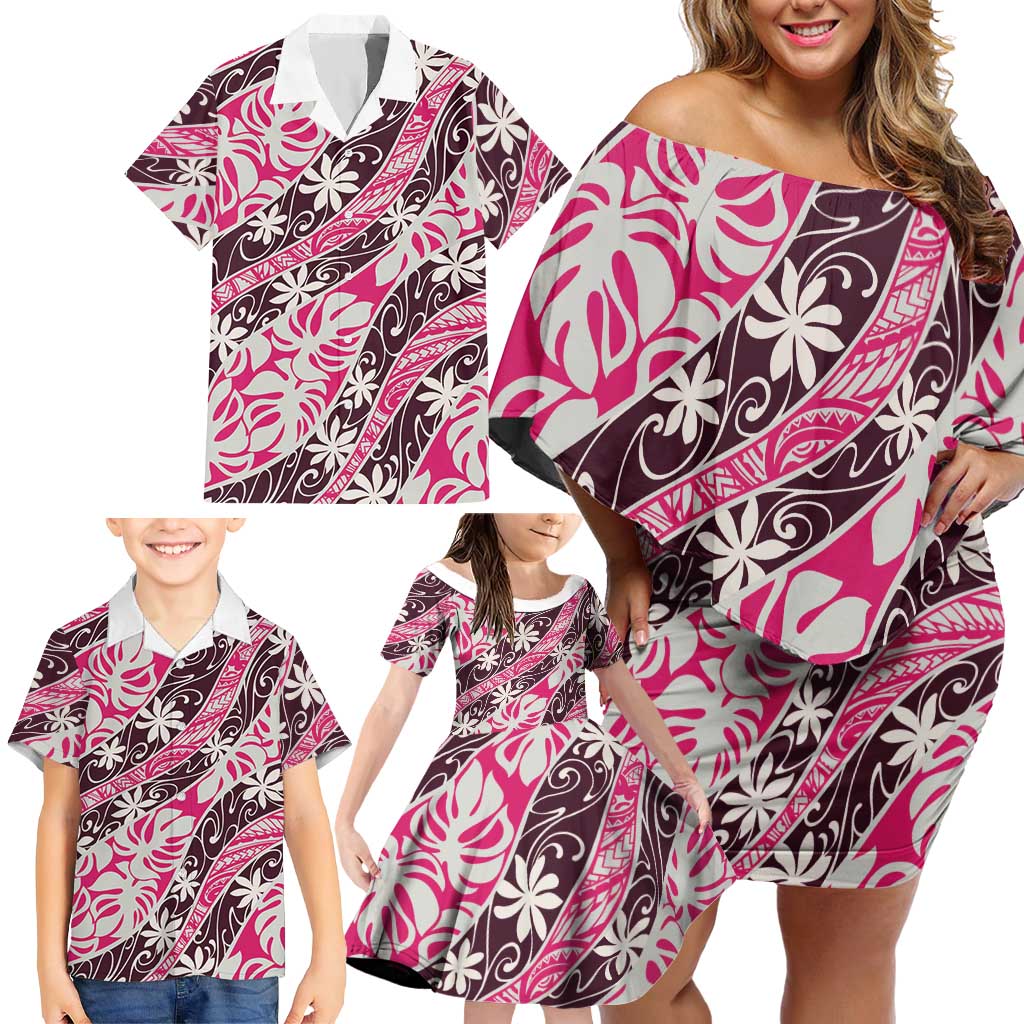 Tarona Tahiti Tiare Monstera Family Matching Off Shoulder Short Dress and Hawaiian Shirt Polynesian Pattern Curve Style LT01 - Polynesian Pride