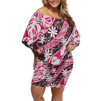 Tarona Tahiti Tiare Monstera Family Matching Off Shoulder Short Dress and Hawaiian Shirt Polynesian Pattern Curve Style LT01 Mom's Dress Pink - Polynesian Pride