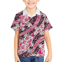 Tarona Tahiti Tiare Monstera Family Matching Puletasi and Hawaiian Shirt Polynesian Pattern Curve Style LT01 Son's Shirt Pink - Polynesian Pride