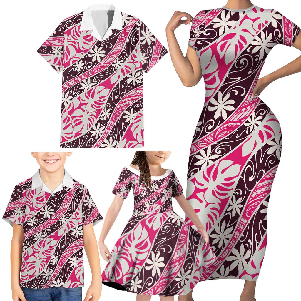 Tarona Tahiti Tiare Monstera Family Matching Short Sleeve Bodycon Dress and Hawaiian Shirt Polynesian Pattern Curve Style LT01 - Polynesian Pride