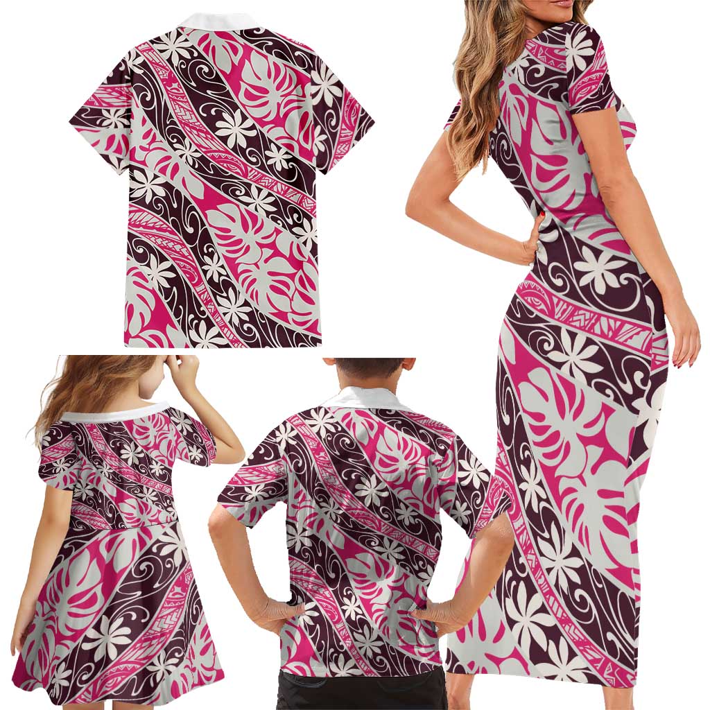 Tarona Tahiti Tiare Monstera Family Matching Short Sleeve Bodycon Dress and Hawaiian Shirt Polynesian Pattern Curve Style LT01 - Polynesian Pride