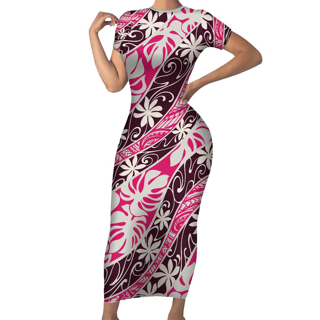 Tarona Tahiti Tiare Monstera Family Matching Short Sleeve Bodycon Dress and Hawaiian Shirt Polynesian Pattern Curve Style LT01 Mom's Dress Pink - Polynesian Pride
