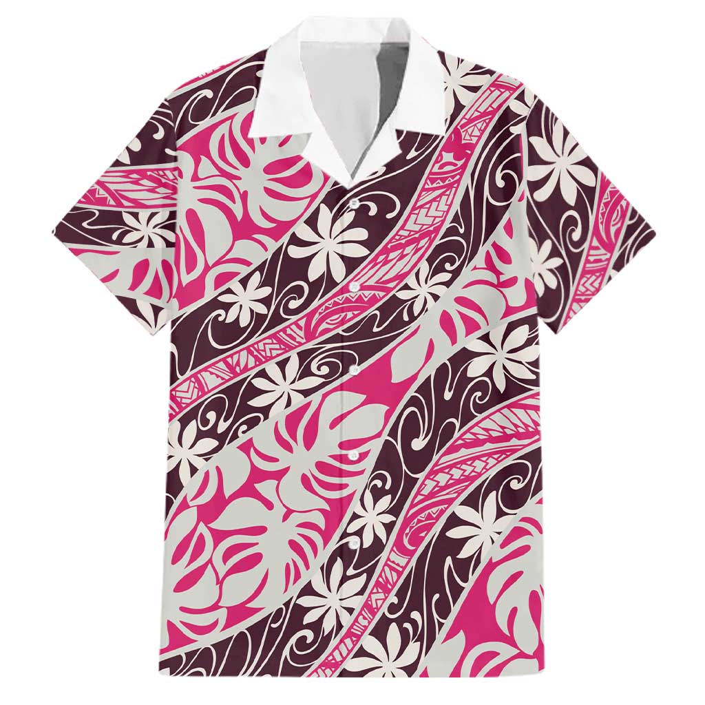 Tarona Tahiti Tiare Monstera Family Matching Summer Maxi Dress and Hawaiian Shirt Polynesian Pattern Curve Style LT01 Dad's Shirt - Short Sleeve Pink - Polynesian Pride