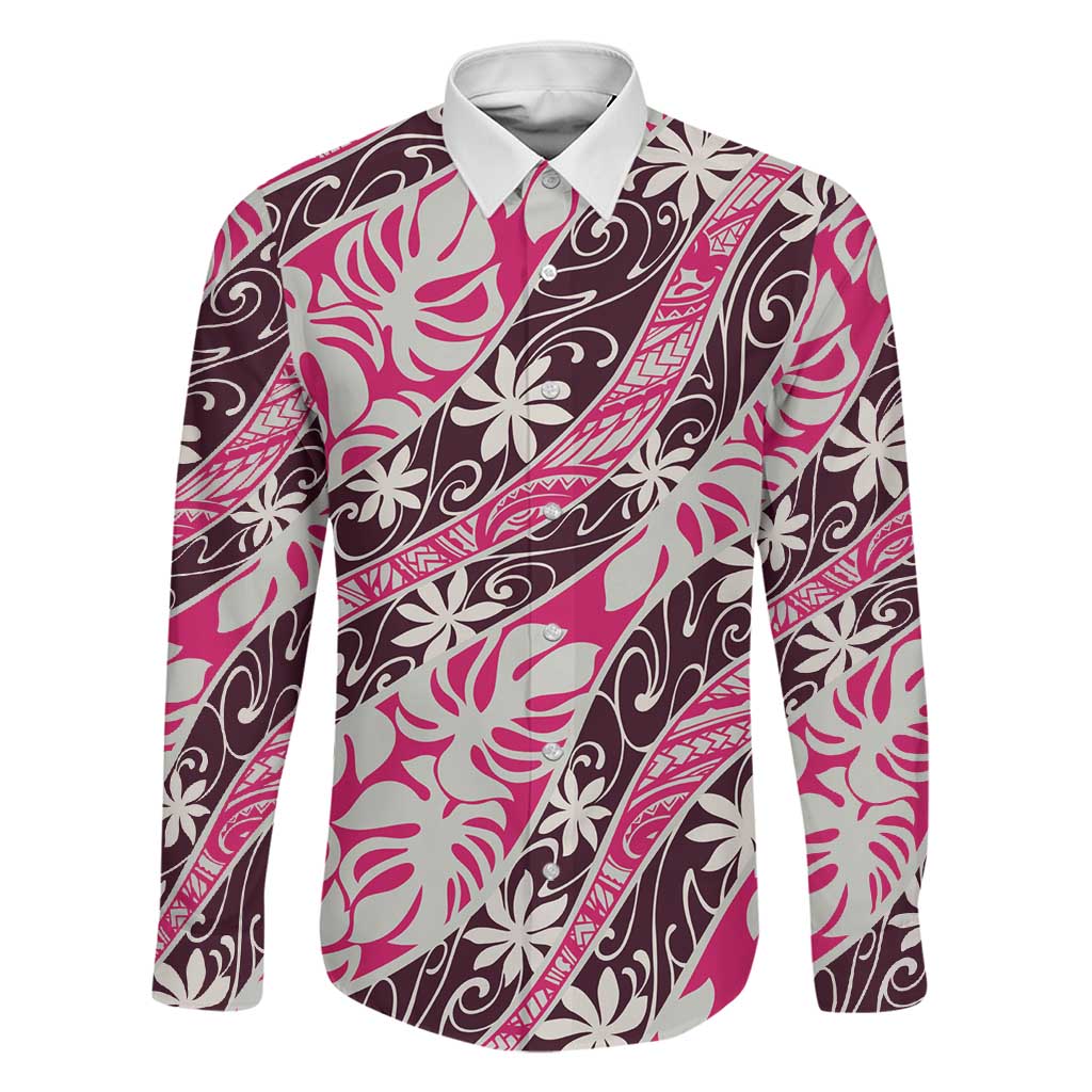 Tarona Tahiti Tiare Monstera Family Matching Summer Maxi Dress and Hawaiian Shirt Polynesian Pattern Curve Style LT01 Dad's Shirt - Long Sleeve Pink - Polynesian Pride