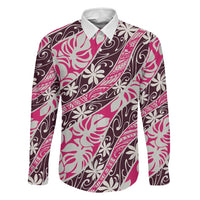 Tarona Tahiti Tiare Monstera Family Matching Summer Maxi Dress and Hawaiian Shirt Polynesian Pattern Curve Style LT01 Dad's Shirt - Long Sleeve Pink - Polynesian Pride