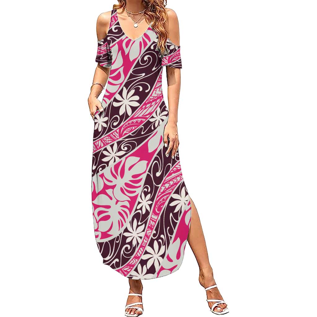 Tarona Tahiti Tiare Monstera Family Matching Summer Maxi Dress and Hawaiian Shirt Polynesian Pattern Curve Style LT01 Mom's Dress Pink - Polynesian Pride