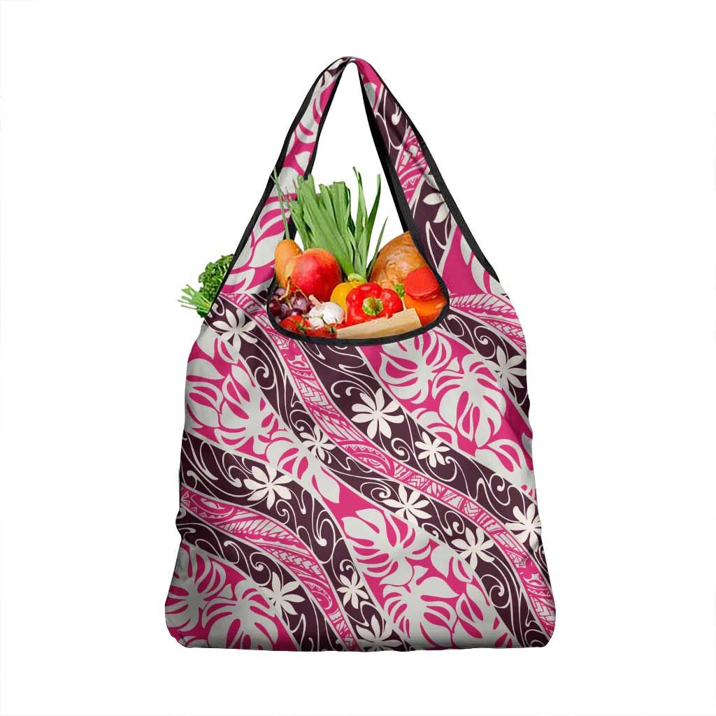 Tarona Tahiti Tiare Monstera Grocery Bag Polynesian Pattern Curve Style LT01 1-pack One Size Pink - Polynesian Pride