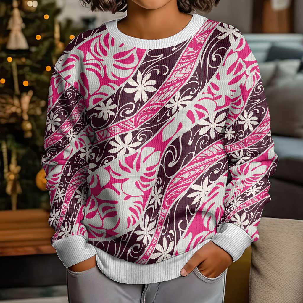 Tarona Tahiti Tiare Monstera Kid Ugly Christmas Sweater Polynesian Pattern Curve Style LT01 - Polynesian Pride