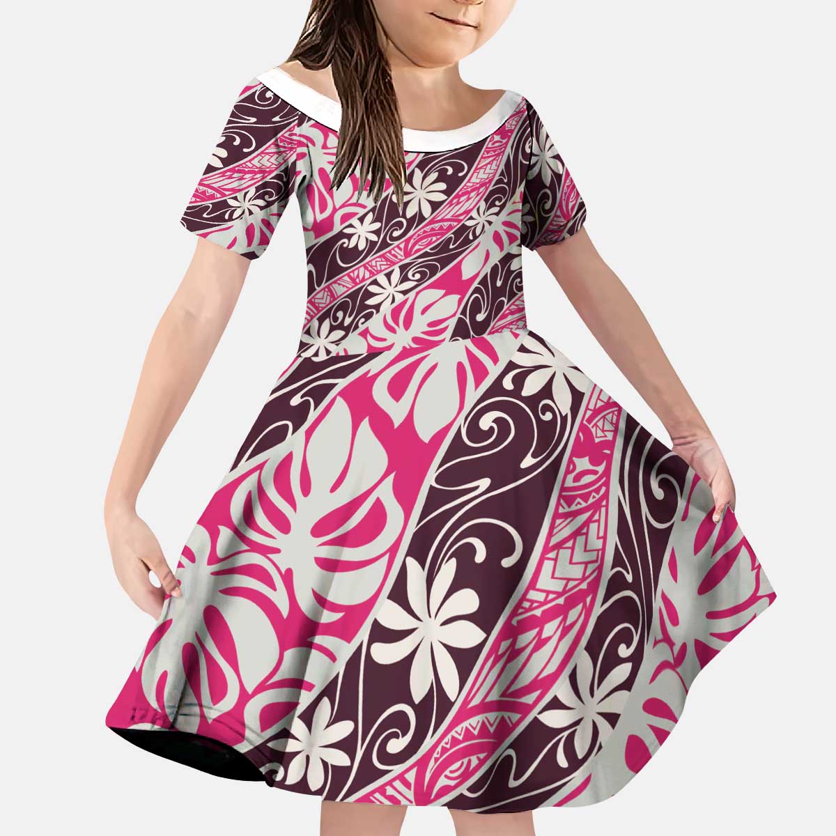 Tarona Tahiti Tiare Monstera Kid Short Sleeve Dress Polynesian Pattern Curve Style - Polynesian Pride