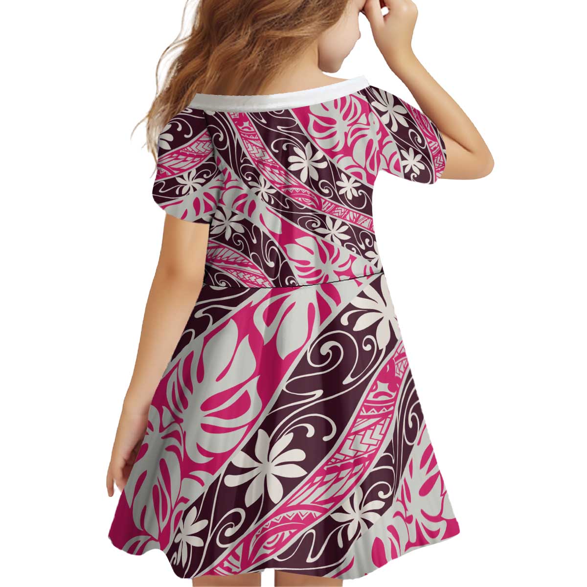 Tarona Tahiti Tiare Monstera Kid Short Sleeve Dress Polynesian Pattern Curve Style - Polynesian Pride