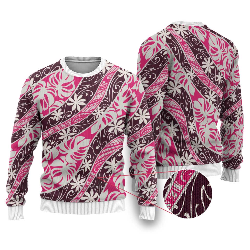 Tarona Tahiti Tiare Monstera Ugly Christmas Sweater Polynesian Pattern Curve Style - Polynesian Pride