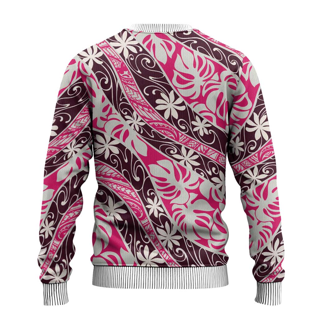 Tarona Tahiti Tiare Monstera Ugly Christmas Sweater Polynesian Pattern Curve Style - Polynesian Pride