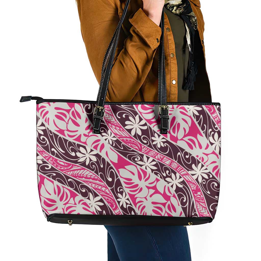 Tarona Tahiti Tiare Monstera Leather Tote Bag Polynesian Pattern Curve Style - Polynesian Pride