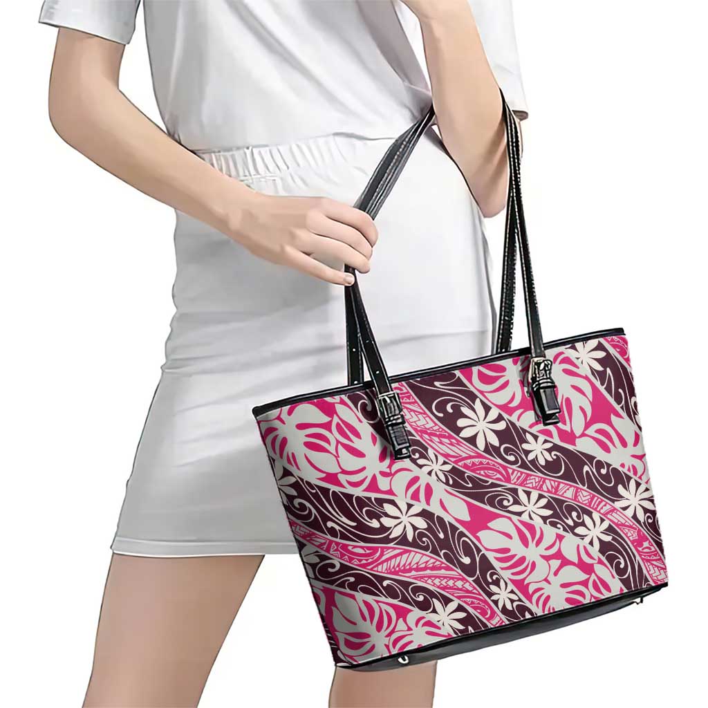 Tarona Tahiti Tiare Monstera Leather Tote Bag Polynesian Pattern Curve Style - Polynesian Pride