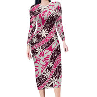 Tarona Tahiti Tiare Monstera Long Sleeve Bodycon Dress Polynesian Pattern Curve Style - Polynesian Pride