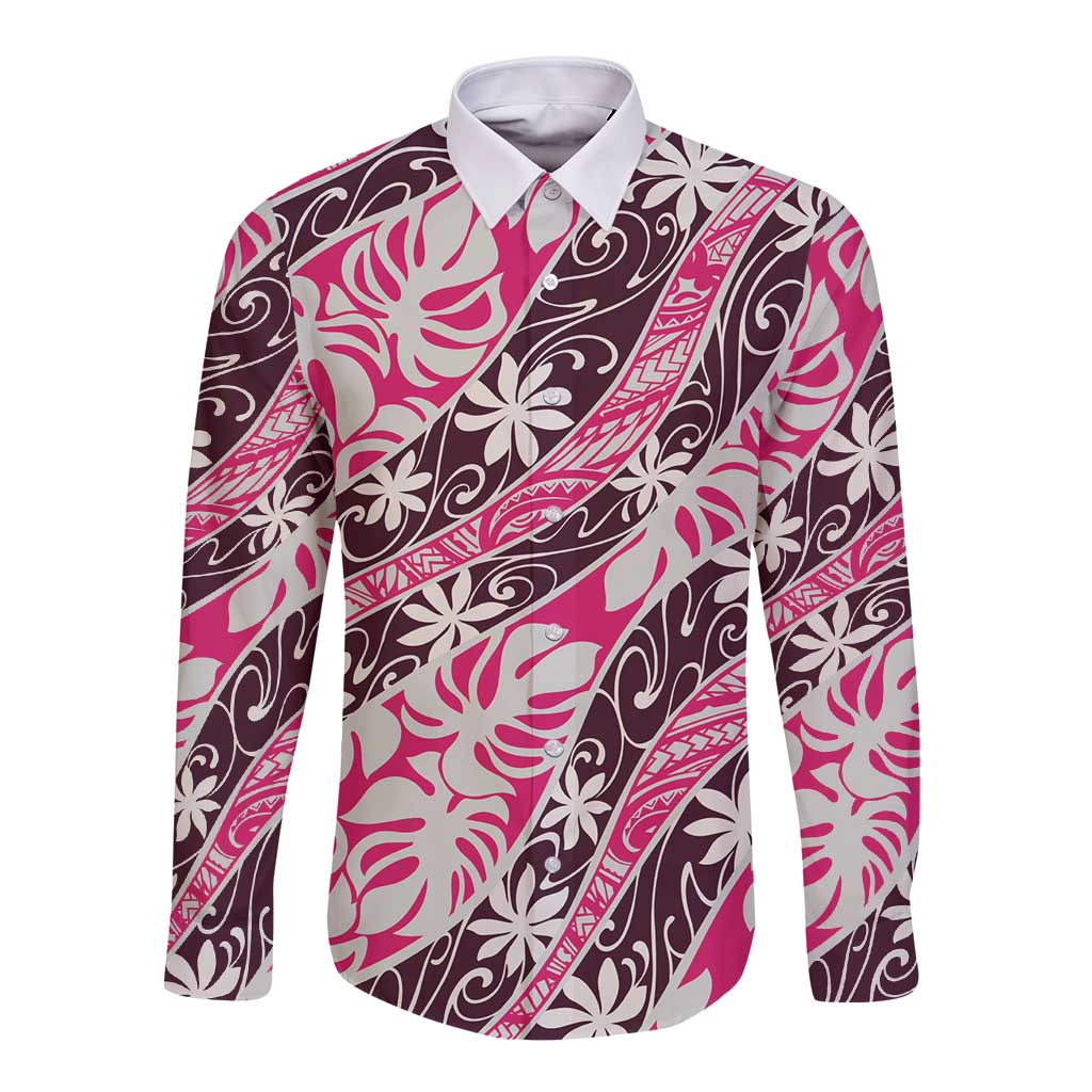 Tarona Tahiti Tiare Monstera Long Sleeve Button Shirt Polynesian Pattern Curve Style - Polynesian Pride