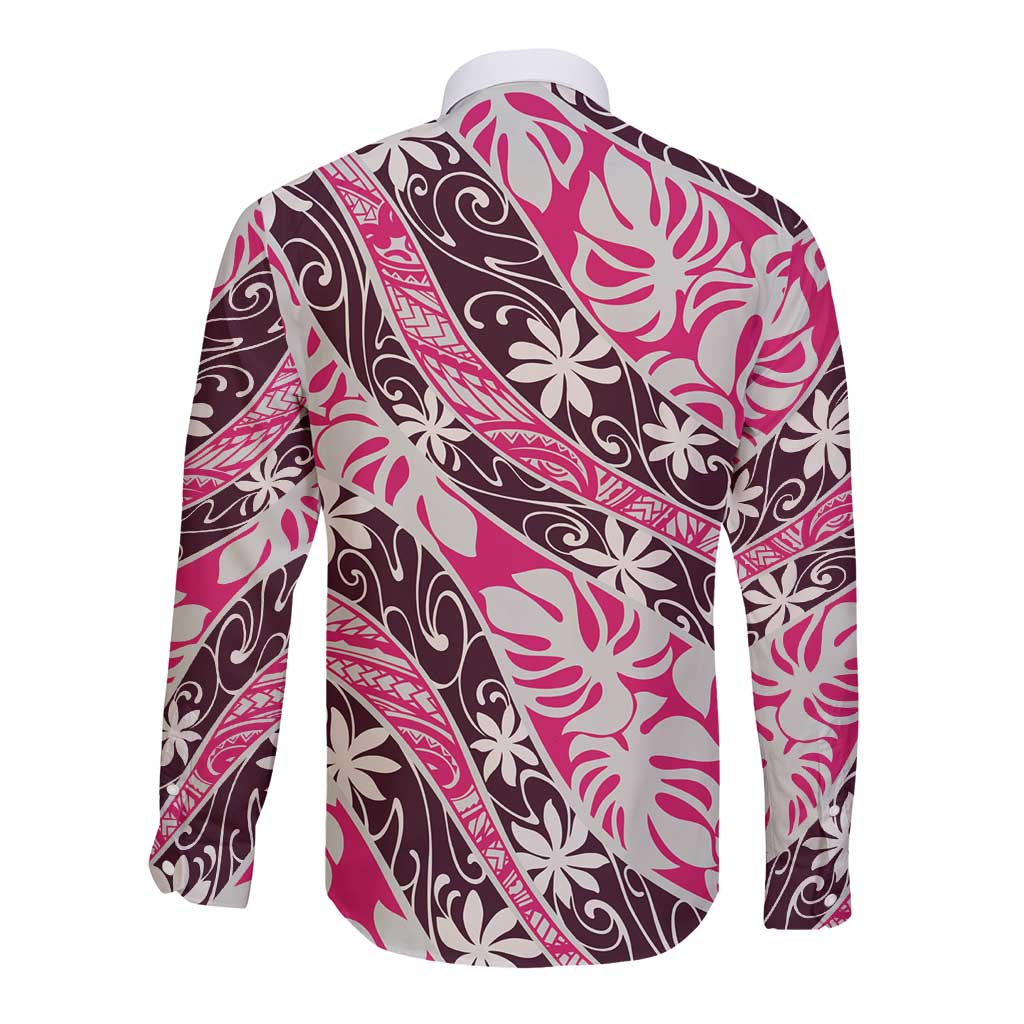 Tarona Tahiti Tiare Monstera Long Sleeve Button Shirt Polynesian Pattern Curve Style - Polynesian Pride