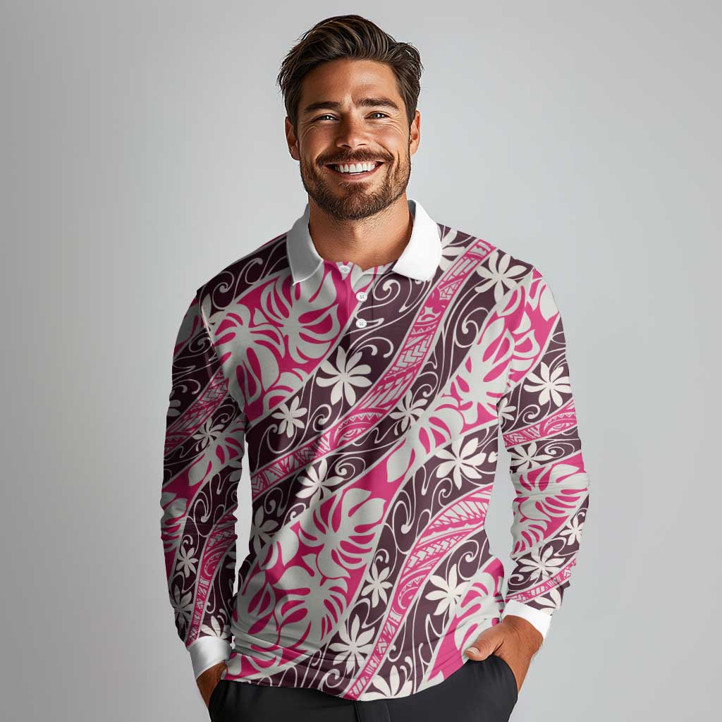 Tarona Tahiti Tiare Monstera Long Sleeve Polo Shirt Polynesian Pattern Curve Style LT01 - Polynesian Pride