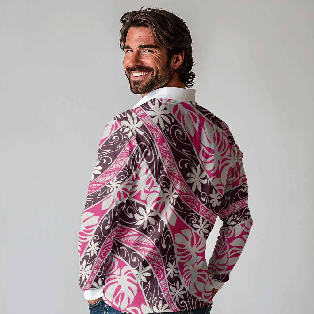 Tarona Tahiti Tiare Monstera Long Sleeve Polo Shirt Polynesian Pattern Curve Style LT01 - Polynesian Pride